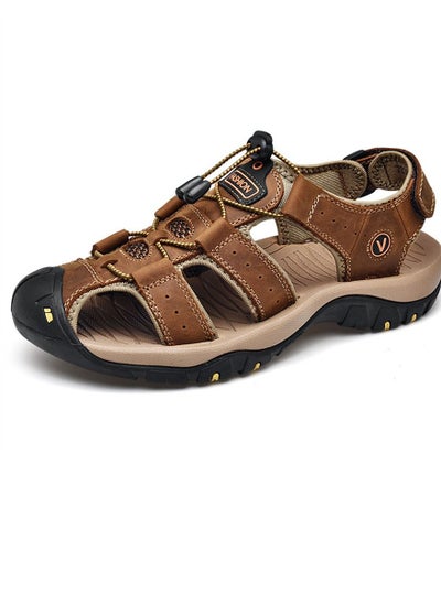 Buy Leather Top Layer Leather Velcro Wrapped Sandals Brown in Saudi Arabia