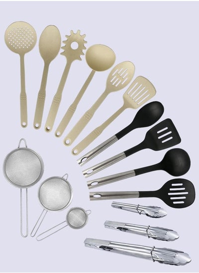 Buy Cooking Tools Kitchen Accessories, 4 Pcs Silicone Spoons Cooking Tools With Steel Handle + 6Pcs Silicone Spoons Cooking Tools + 3 Pcs Stainless Steel Mesh Strainers + 3Pcs Stainless Steel Kitchen Tong in UAE