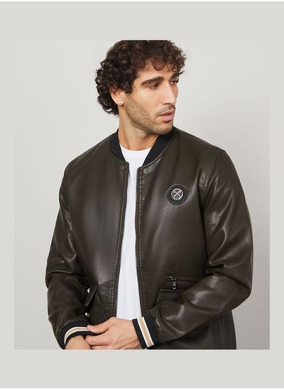 Buy Leather Look Classic Bomber Jacket with Badge Detail in Saudi Arabia