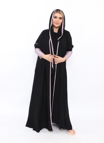 Buy Black abaya with pink sleeves and a pink insert at the collar in the front in Saudi Arabia