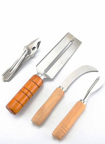 اشتري Sugarcane Peeling Kinves Pineapple Knife 4 in 1 Stainless Steel Blade Natural Nonslip Wooden Handle Peeler في الامارات