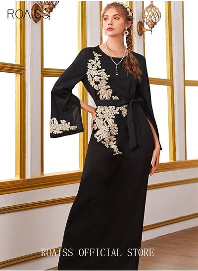 Buy Maxi Dress for Women Long Sleeve Dress Round Neck Casual Loose Floral Print Long Dresses Embroidered Lace Beaded Flared Sleeve Lace-up Long Dress with Belt Black in Saudi Arabia