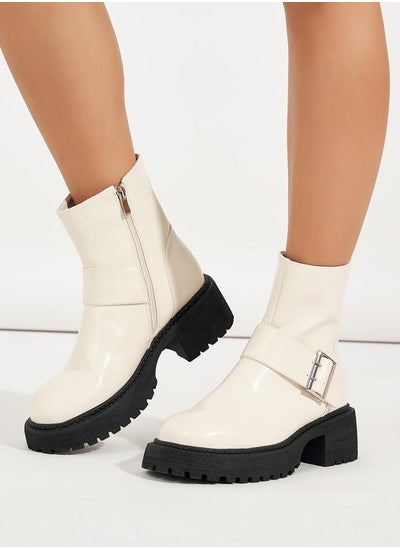 Buy Solid Buckle Detail Biker Ankle Boots in Saudi Arabia