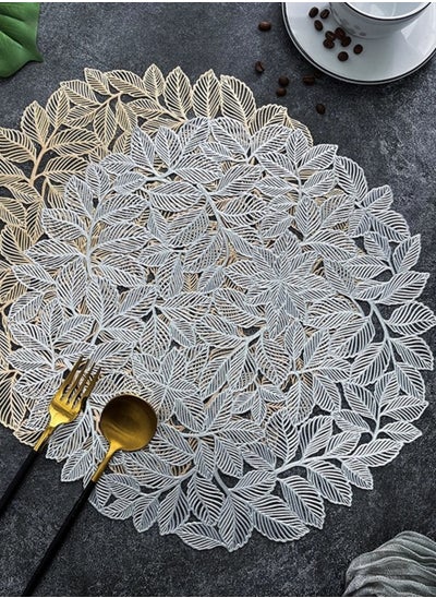 Buy Set Of 6 Round Table Place Mats Silver Olive Leaves 15inch, PVC Place Mat Vinyl Hollow Out Heat Insulation Washable Silver Table Mats for Dining Table 40x40CM, Leaves Pattern in Saudi Arabia