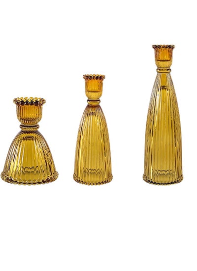 Buy Candle Stick Holders Decor, Clear Glass Candlestick Holders, Rustic Pillar Candles Set, Modern Candle Stick Holders (Yellow), Set of 3 in Saudi Arabia