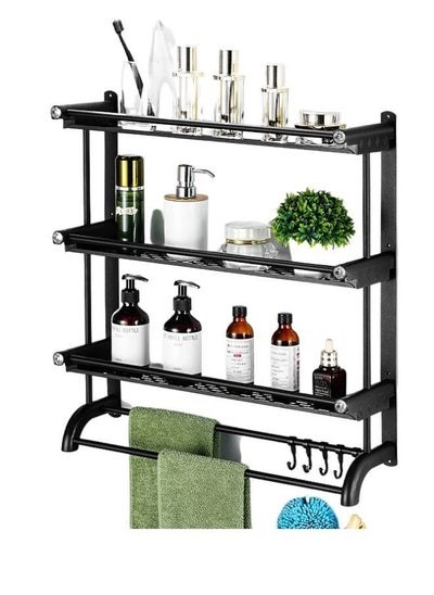 Buy Wall Mount 4 Layer Bathroom Rack With Bend Design Towel Rod Bathroom Storage Organizer Black Powder Coated in UAE