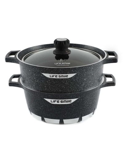 اشتري Multipurpose Steamer - Non-stick Couscoussier - 28cm Stock Pot & 28cm Steam Pot with Tempered Glass Lid Black في الامارات