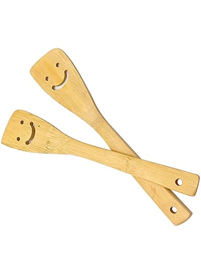 Buy 2-Piece 12-Inch Bamboo Smiley Face Wooden Spoons & Spatula Kitchen Cooking Tools for Nonstick Cookware and Wok in Saudi Arabia