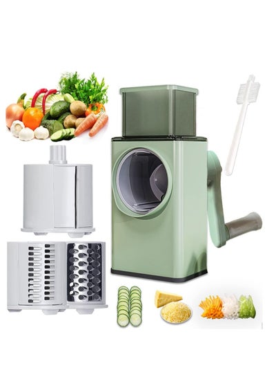 اشتري Manual Rotary Cheese Grater Shredder with Wider Hopper 3 Interchangeable Blades Round Mandolin Drum Slicer Julienne Grinder for Cheese, Vegetables في الامارات