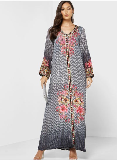 Buy Embroidered Floral Printed Jalabiya in UAE