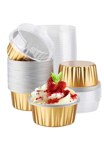 Buy 50-Piece Disposable Aluminum Foil Cupcake With Lids, Dessert Cups Creme Brulee Muffin Cake Cheesecake Pan in Saudi Arabia