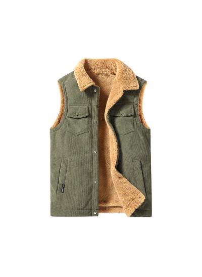 Buy Mens waistcoat corduroy velvet padded warm large size waistcoat for lovers spring autumn and winter lambskin coat cotton waistcoat Army Green in Saudi Arabia