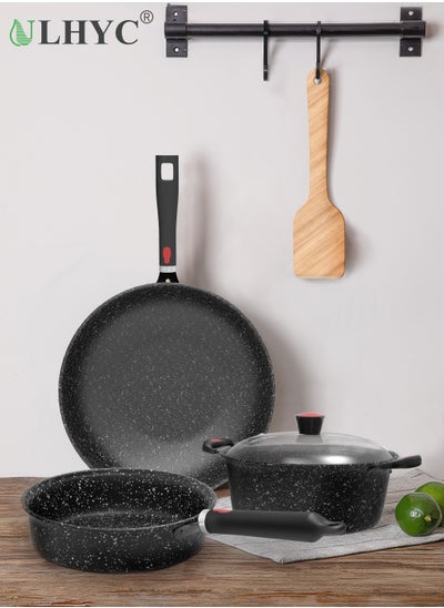 Buy 5-piece non-stick cookware set Wok and pan Fenite non-stick surface Bakelite handle Glass lid PFOA-free, black and Fenite 30+24+24+28 cm in Saudi Arabia