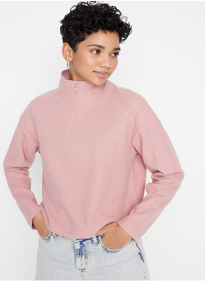 اشتري Pale Pink Thessaloniki/Knitwear Look Zippered Collar Regular/Regular Fit Knitted Sweatshirt TWOAW22SW0732 في مصر