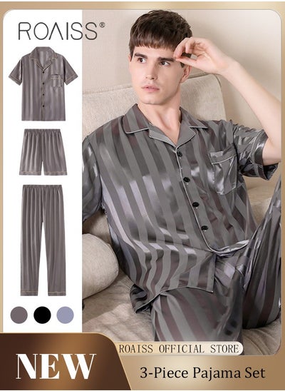 Buy 3-Piece Set Men's Short Sleeves Pajamas Pants Trousers Sleepwear Sets Satin Grid Printing Silk Nightgown Male Loose Shirts Spring Summer Loungewear Home Clothes in Saudi Arabia