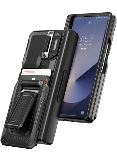 Buy D-Wallet Origin Samsung Galaxy Z Fold 6 Case Cover Wallet with Semi Automatic Credit Card Holder Slot [2 Cards] & Camera Lens Protector Kickstand - Black in UAE