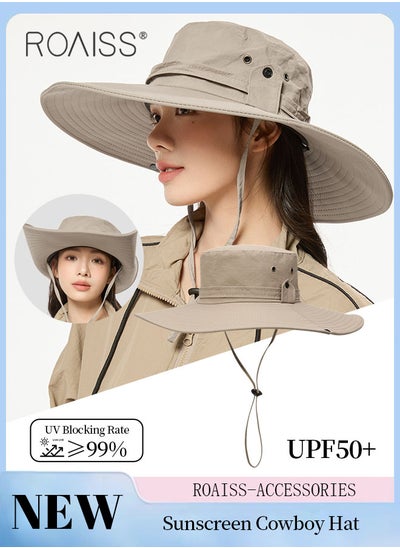 Buy Women's Spring Autumn Wide Brim Fishing Cap with Windproof Rope Outdoor Camping Adventure Quick Dry Breathable Sunscreen Bucket Hat Cowboy Hat in UAE