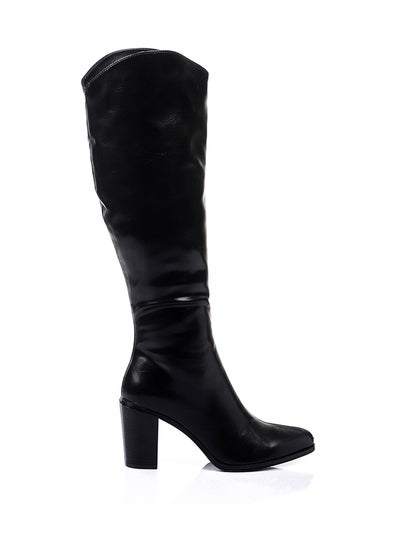 Buy Knee-High Zipper Closure Pointed Toecap Leather Black Heeled Boots in Egypt