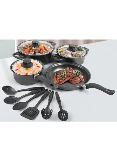 Buy 13-Piece Scratch-Resistant Cast Iron Non-Stick Kitchen Cookware Set with Tempered Glass Lids, Heat-Resistant Handles, and Multi-Hob Compatibility, Length 27.5cm in UAE