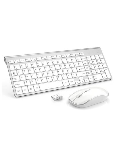 Buy Wireless Keyboard and Mouse Combo,2.4G Slim Wireless Keyboard Mouse-Portable, Full Size, Ergonomic, 2400 DPI,Extreme Power Saving,Sleek Design-White+Silver (White) in UAE