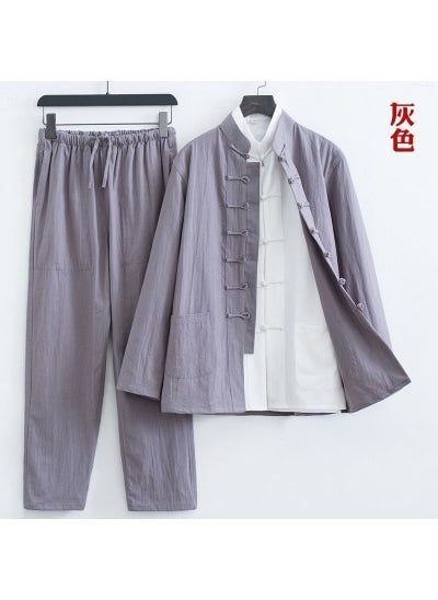 Buy Mens Cotton Linen Tang Suit Set Chinese Style Tea Attire Grey two-piece jacket pants] in UAE