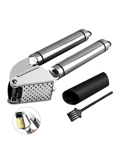 Buy Garlic Press, Stainless Steel Garlic Mincer Crusher with Silicone Roller Peeler and Cleaning Brush, Easy Squeeze Rust Proof Dishwasher Safe in UAE
