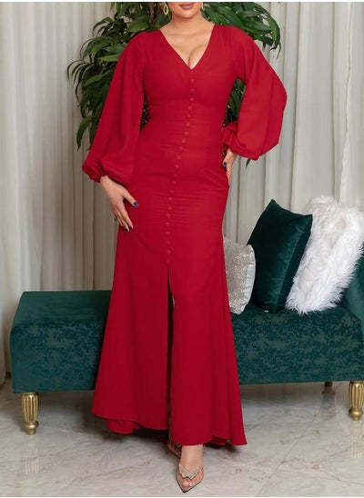 Buy Red Elegant Neck Tassel Open Back Slit Waist Bag Gown Dress in Saudi Arabia