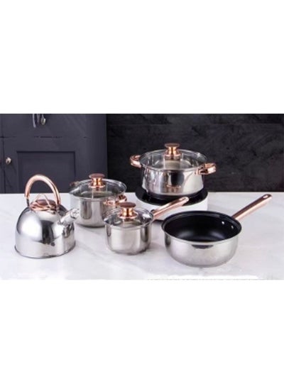 Buy Set of 5 Cookware Set - Stainless Steel Pots, Kettle, Kitchen Utensils Set with Tempered Glass Lid in UAE