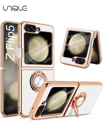 Buy For Samsung Galaxy Z Flip 5 Case with Stand 360° Rotatable Ring Holder Kickstand [Magnetic Car Mount] Gold Plating for Women Men Shockproof Protective Cover for Samsung Z Flip 5 5G (White) in UAE