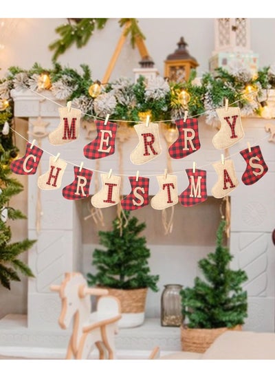 Buy Merry Christmas Banners Sock Shaped Christmas Burlap Banners Christmas Flags Hanging Decorations for Christmas Party Wall Tree and Fireplace (A) in UAE