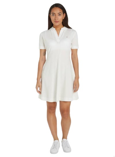 Buy Women's Stripe Open Placket Polo Dress -  Stretch cotton blend, Beige in Saudi Arabia