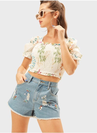 Buy Embroidered Ripped Denim Shorts in UAE