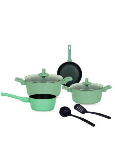 Buy 8 Piece Granite Coated Cookware Set, Nonstick Coating For Cooking, Casserole With Lid, Frying Pan, Saucepan Kitchen Tools, Green in UAE