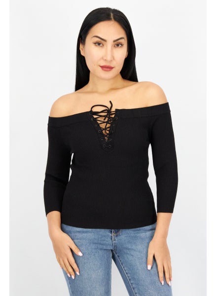 Buy Women Off Shoulder 3/4 Sleeves Ribbed Top, Black in UAE