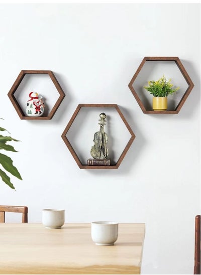 Buy 3-Piece Wall-Mounted Wooden Shelving Display Rack/Wooden Storage Rack Brown in UAE