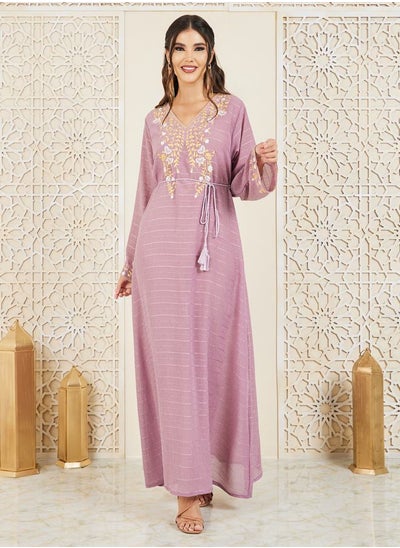 Buy Embroidered Textured Jalabiya with Tie Up Cord in Saudi Arabia