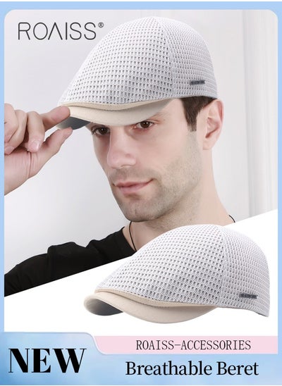 Buy Adjustable Newsboy Cap for Men Vintage Beret Flat Cap Breathable Mesh Hat Mens Summer Hat Golf Fishing Hat (Beige, One Size) in UAE