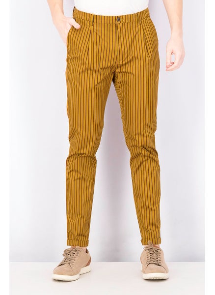 Buy Men Slim Fit Pleated Stripe Pants, Mustard in Saudi Arabia