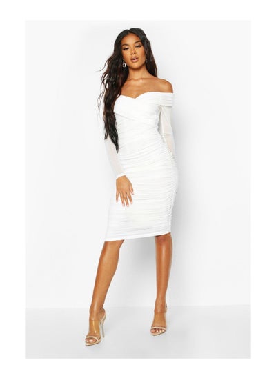 Buy Off Shoulder Ruched Mesh Bodycon Midi Dress in UAE