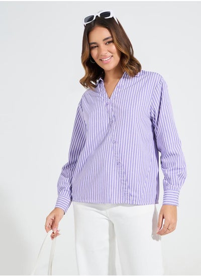 Buy Striped Oversized Shirt with Asymmetric Button in Saudi Arabia