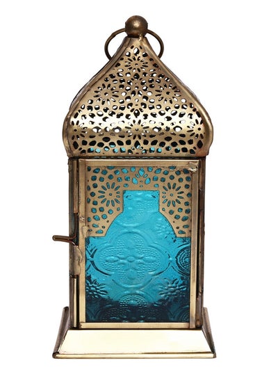 Buy HILALFUL Handmade Decorative Candle Lantern, Medium | Suitable for Indoor & Outdoor Décor | Moroccon Arabian Style | For Home Decoration in Ramadan, Eid | Iron | Islamic Gift | Turquoise Glass in UAE