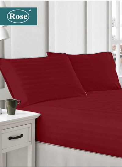 Buy Rose Luxurious Hotel Stripe Fitted Sheet with Deep Pockets and Pillow Cases, Bed Sheet 3-Pieces Set, Soft & Silky Microfiber Fabric, Breathable and Cooling (King Size 200X200+35 cm - Burgundy) in Saudi Arabia