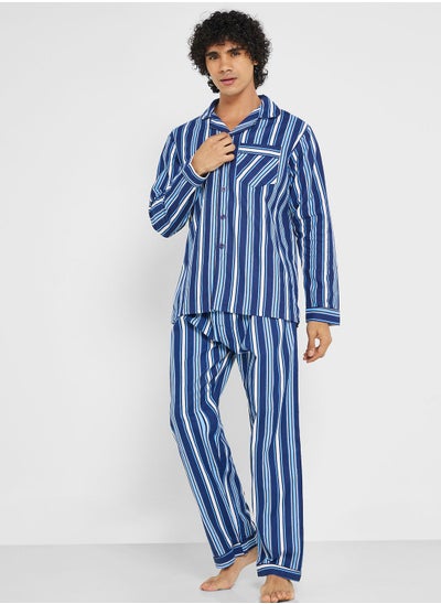 Buy Men's Traditional Stripe Brushed Cotton Pyjama Set In Navy ~ (24) in UAE