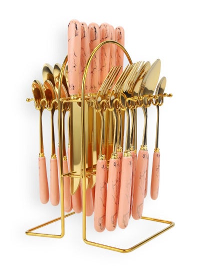 Buy 24-Piece Stainless Steel Cutlery Set With Stand Pink in UAE