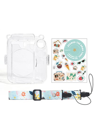 Buy Crystal Clear Camera Case For Fujifilm Mini 12 Instant Camera, Hard PC Cover with Adjustable Strap and Pocket & Decorative sticker - Green in UAE