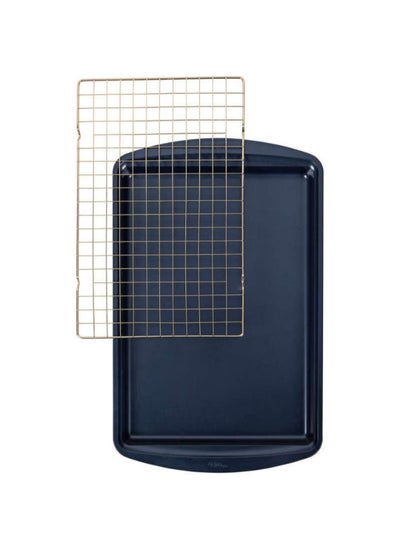 Buy Wilton Diamond-Infused Non-Stick Large Navy Blue Cookie Sheet with Gold Cooling Grid Set in UAE