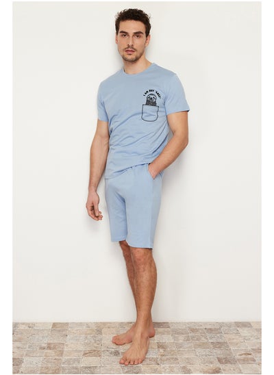 Buy Blue Men's Printed Regular Fit Knitted Pajamas Set in Egypt