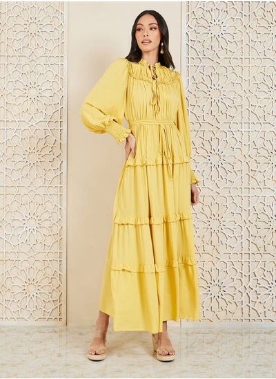 Buy Gathered Detail Tie Up Neck Tiered Maxi Dress in Saudi Arabia