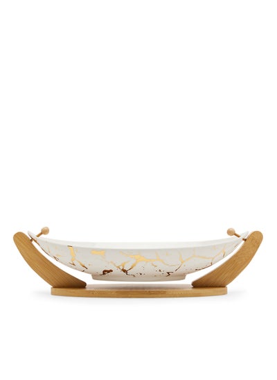 Buy Oval Fruit Bowl With Bamboo Tray White/Gold in UAE