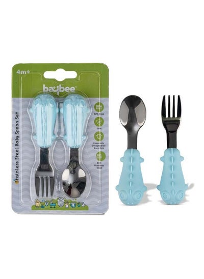 Buy Stainless Steel Baby Spoon Set For Baby Feeding Non Toxic Bpa Free Training Feeding Spoon Fork Set Food Grade Silicone Handle Baby Feeding Spoons Feeding Spoon Set For Baby Toddlers Blue in UAE